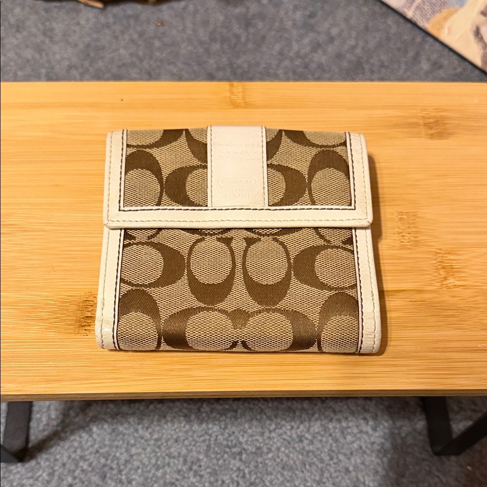 Coach Tan Signature Canvas Bifold Wallet with Chalk Trim